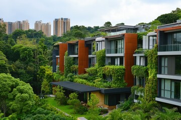 Fototapeta premium Modern residential buildings integrated with lush greenery in a natural setting.