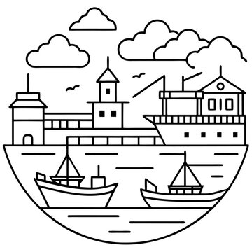recommend clip art: seaport outline coloring book page line art drawing
