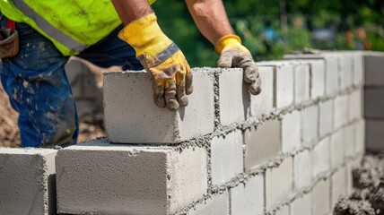 Laying concrete blocks, workers installing concrete block walls for house foundation, Construction, masonry