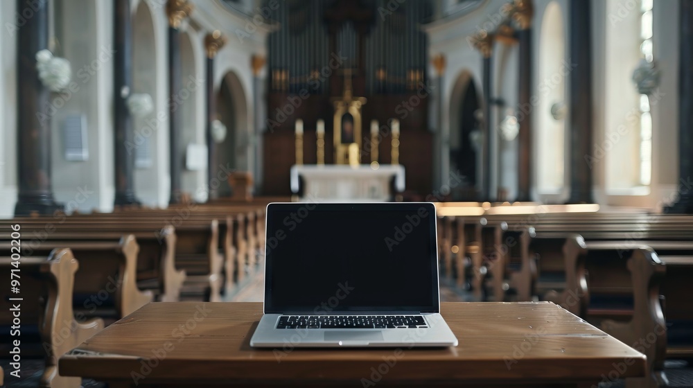 Wall mural a laptop is open on a wooden table in a church