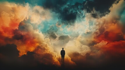 Fototapeta premium Facing my Faith. Conceptual image of a man standing in front of a dreamy cloudscape.