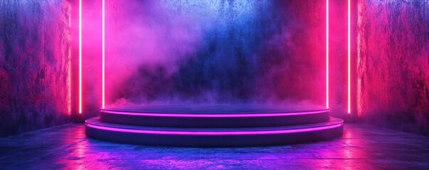 Metallic podium with neon lights, cyberpunk theme