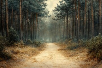 Obraz premium Pathway through pine forest park, inviting and serene for a stroll