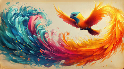Obraz premium Colorful Bird Flying Over a Wave in a Whimsical Landscape 