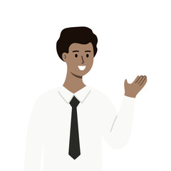 Smiling businessman introducing. Business Presentation, information guidance concept. Use for website, app. Flat vector character design illustration isolated on white background.