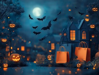 A surreal night sky filled with flying bats that morph into shopping bags,  Halloween decorations, symbolizing special offers and magical shopping experiences 