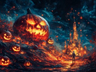 An astronaut landing on an alien planet filled with vibrant, bioluminescent pumpkins celebrating Halloween with joy.
