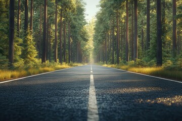 Fototapeta premium Road disappearing into the distance among tall pines, endless possibilities