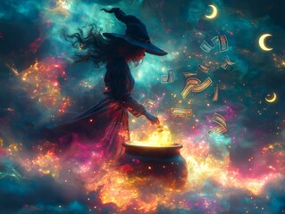  a witch stirring a bubbling cauldron that transforms into floating dollar bills and discounts for Halloween, ai generated  