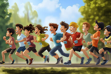 Obraz premium A group of children joyfully running in a park during a fun race event.