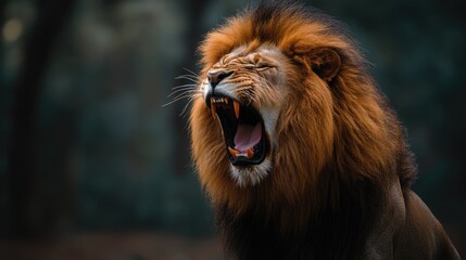 Fototapeta premium A majestic male lion roars with its mouth open, showing its sharp teeth and a long mane. The lion is in a forest setting with a dark background.
