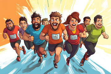 A colorful illustration of diverse runners competing in a race with enthusiasm and energy.