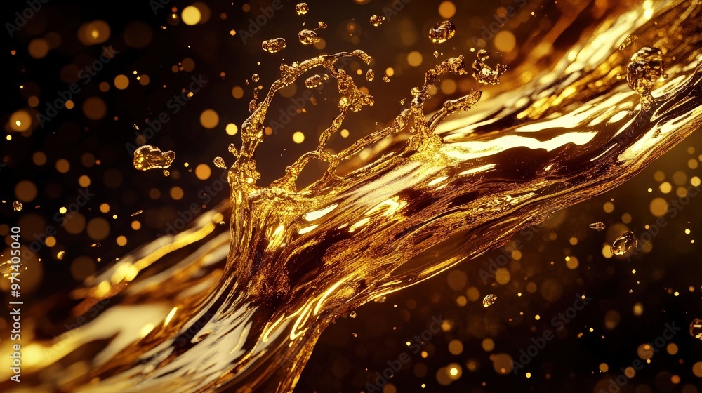 Poster golden fluid dynamics: 3d rendering of luxurious flowing liquid with intricate splashes on dark back
