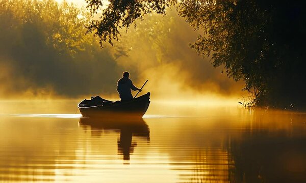 A man is rowing a boat on a lake at sunset