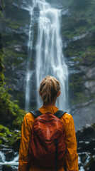 Woman Adventurer in Yellow Jacket with Red Backpack Exploring Stunning Tropical Waterfall in Lush Forest, Capturing Serenity and Natural Beauty, Perfect for Nature Travel and Exploration Themes