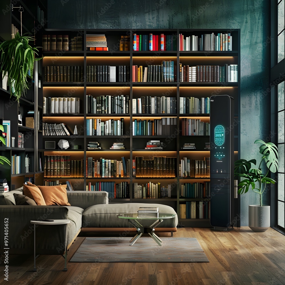 Poster cozy home library with voice activated bookshelf and digital reading assistant blending tradition an
