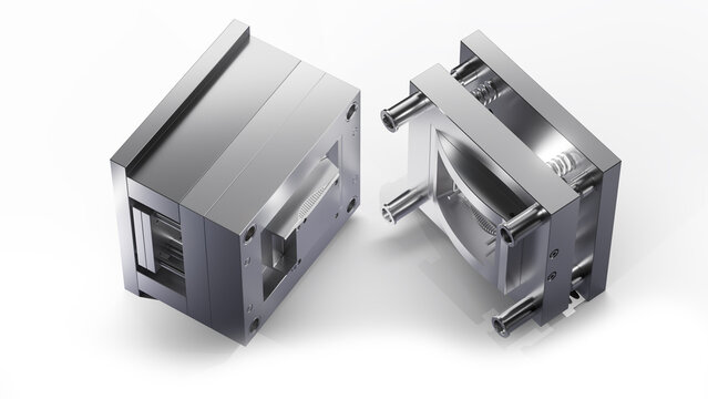 3D injection mold, plastic, resin, mold. Cups, boxes, toolboxes. The production process for Plastic injection mold. Injection molding machine used for the forming of plastic parts using polymers.	