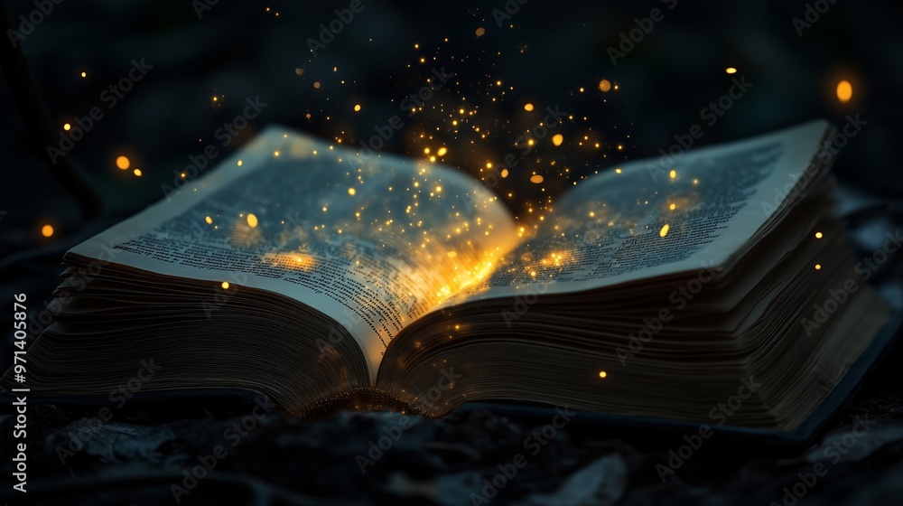Poster an open book emits magical sparks in a dark setting, symbolizing knowledge and creativity during twi