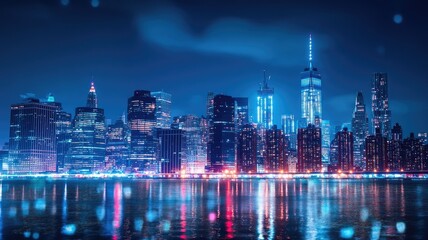 Obraz premium Illuminated skyscrapers reflected in water at night, with vibrant, glowing cityscape
