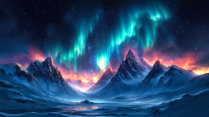 Breathtaking Arctic Mountain Landscape under the Northern Lights at Night, Snow-Covered Peaks, Aurora Borealis, Starry Sky, Digital Art, Majestic Winter Scenery, Stunning Nature, Tranquil Wilderness