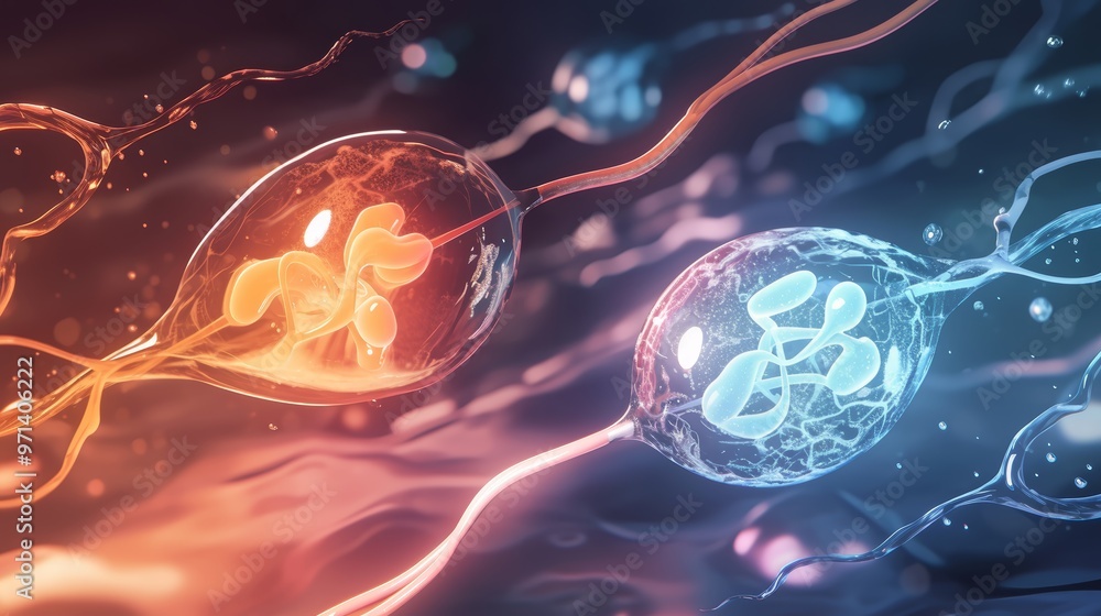 Poster abstract illustration of colorful sperm cells representing biological reproduction and life cycle co