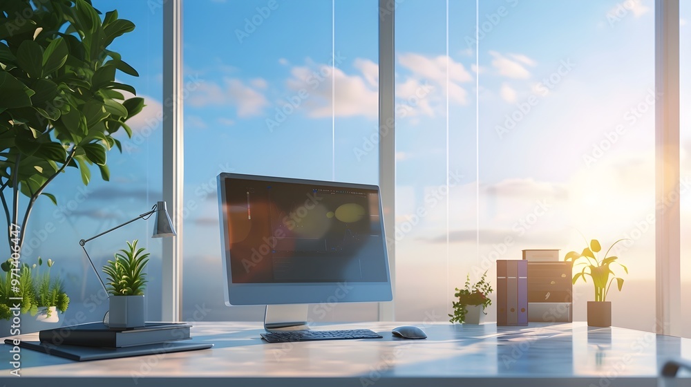 Poster serene smart home office with automated light adjusting window for energy efficiency