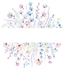 Frame made with watercolor pastel wild flowers and leaves,  hand drawn wedding illustration