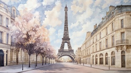 Stunning view of the Eiffel Tower surrounded by blooming trees and elegant architecture, capturing the charm of Paris.
