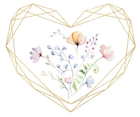 Heart frame with watercolor pastel wild flowers and leaves,  hand drawn wedding illustration