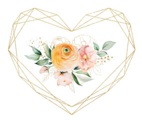 Golden heart frame with watercolor butterflies on orange and yellow flowers and green leaves, illustration