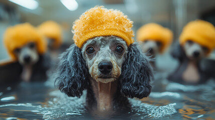 Adorable Poodles with Yellow Hats Enjoying a Bath at the Grooming Parlour, Cute Dog Spa Day, Professional Pet Grooming