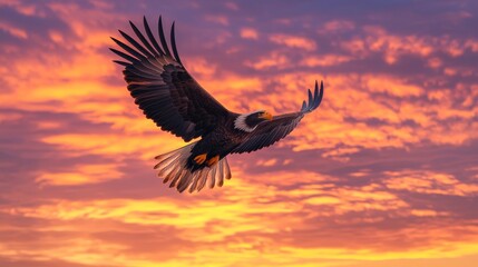 Majestic eagle soaring through a colorful sunset sky, capturing the essence of freedom and the beauty of nature.