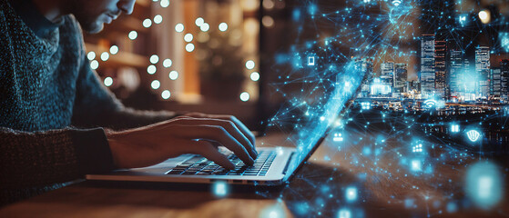 professional businessman Programmer working on different types programming on a laptop computer, sitting at desk, data transfer to building to building, binary data, smart city