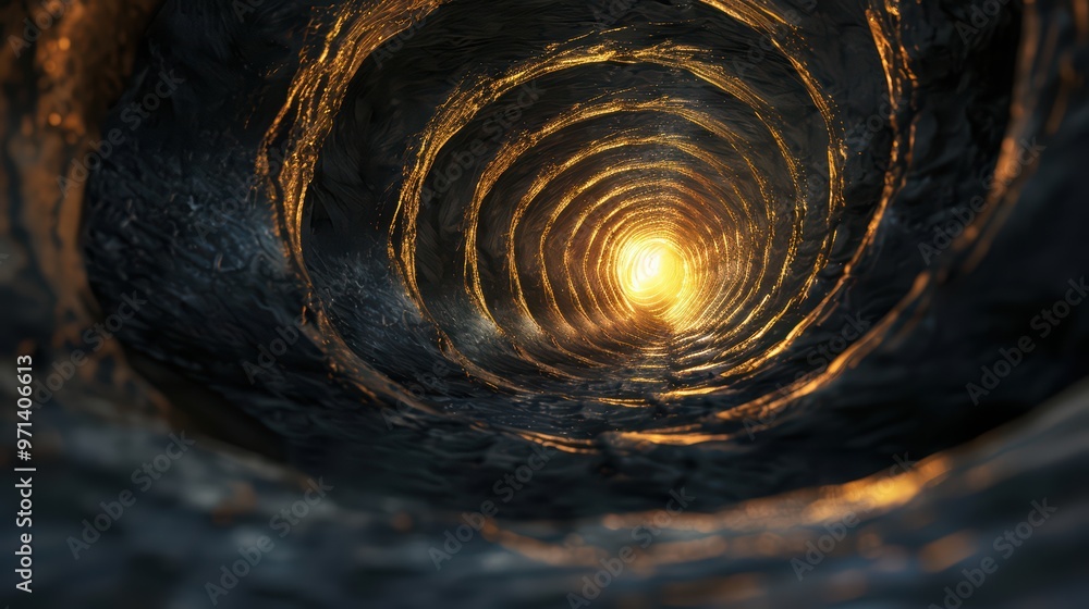 Poster a captivating view of a dark tunnel illuminated by a warm glow, creating a sense of depth and myster