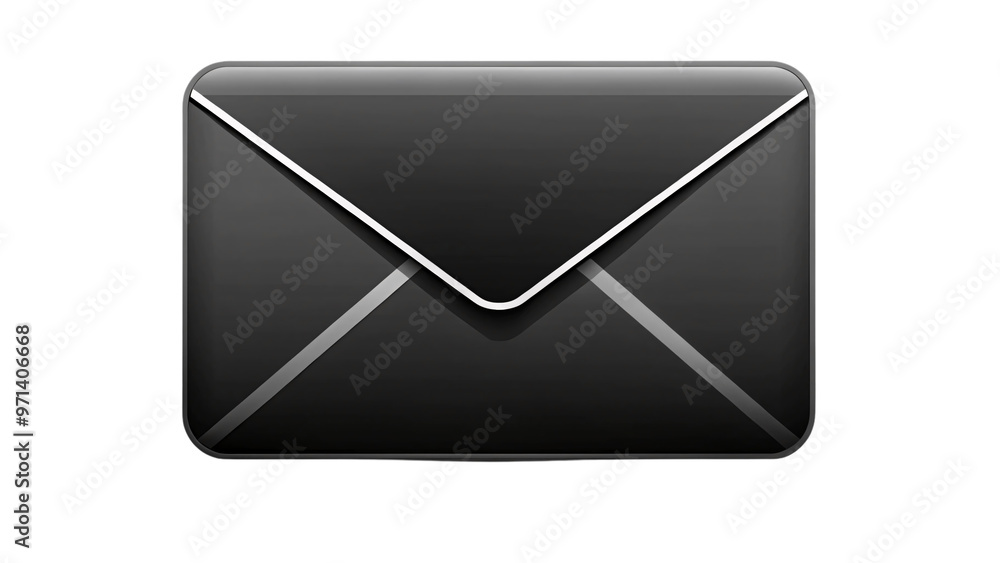 Poster a shiny, black envelope with a glossy, reflective surface, against on a transparent background. its 