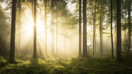 Naklejka premium A serene forest scene with beams of sunlight filtering through trees, creating a tranquil atmosphere filled with mist.