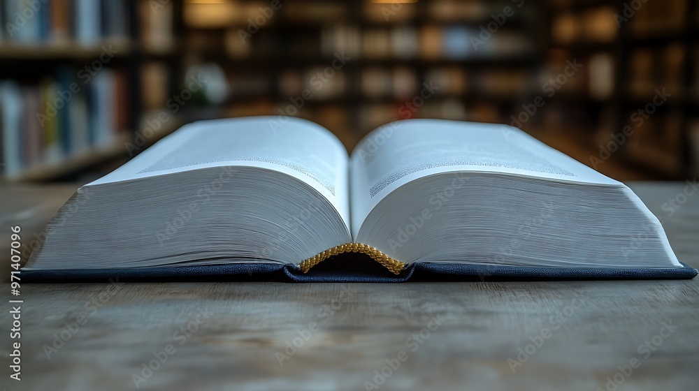 Poster an open book on a wooden table with a blurred library bookshelf background.