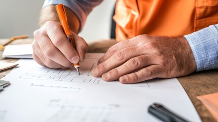 A close-up of a hand holding a pen, writing on a document, symbolizing work, planning, and productivity in a professional setting.
