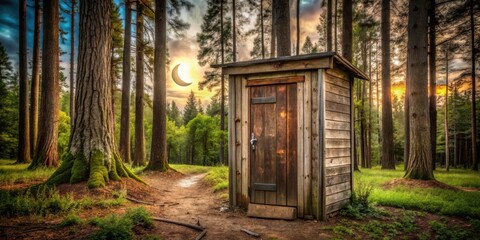 Rural outhouse in a wooded forest setting, vintage washroom with wooden walls, rustic door, and crescent moon cutout