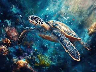 Fototapeta premium Endangered Ecosystems: Sea Turtle Amid Microplastics in Coral Reef - Dynamic Lighting Illustration