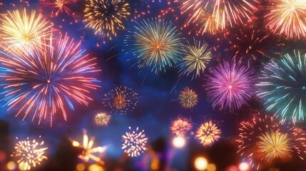 Fototapeta premium Colorful fireworks burst in the night sky, creating a mesmerizing display of light and celebration for various festive occasions.