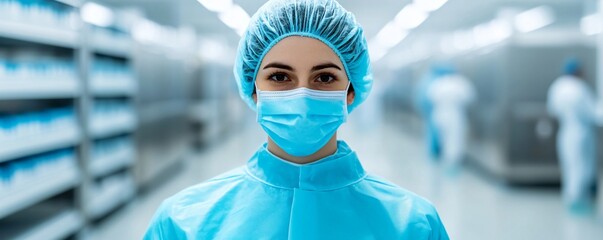 Worker conducting final product checks in a sterile lab environment, cleanroom inspection, medical product quality control.