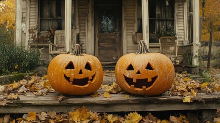 Obraz premium Two carved pumpkins with lit jack-o'-lantern faces sit on a wooden porch surrounded by fallen autumn leaves in front of an old rustic house