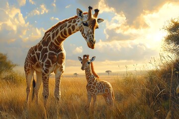 Naklejka premium Tender moment between a mother giraffe and her calf