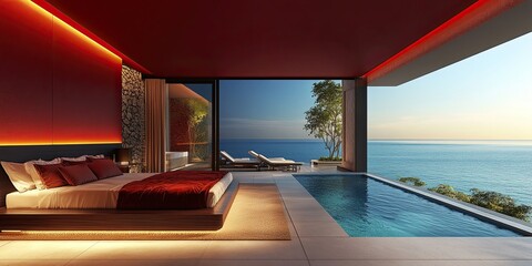 Fototapeta premium dark red modern hotel bedroom design with luxury bed, sun loungers and private swimming pool on beautiful sea background 