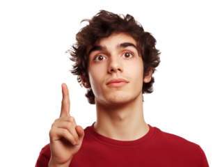 Curly haired youth gesturing in bright room isolated transparent