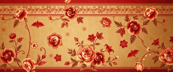 Red Roses and Vines on Gold and Red Background