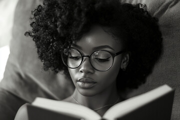 Frau mit lockigen Haaren liest Buch