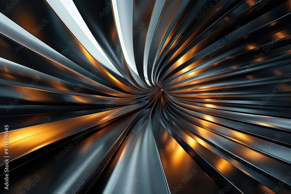 Poster a mesmerizing swirl of metallic textures illuminated by warm light, creating an abstract and dynamic