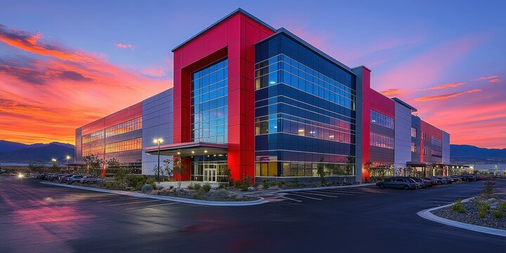 Modern glass and steel office building with striking red accent at sunset, featuring a large parking lot, mountain backdrop, and vibrant sky reflecting on the building's windows